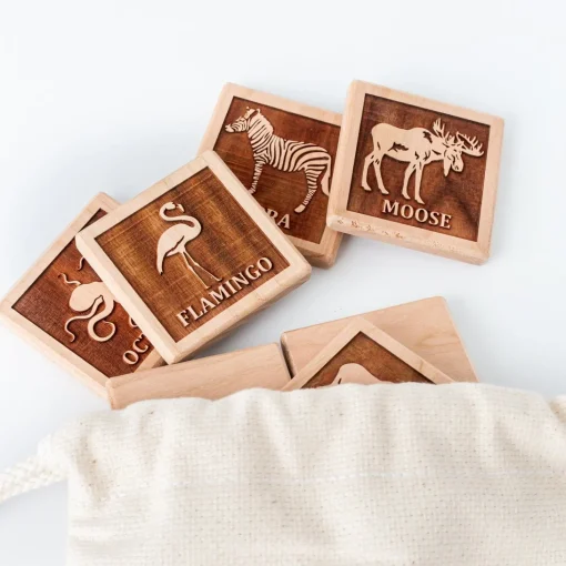 Bilingual (ENG/FR) Wooden Animal Tile Matching Memory Game - Handmade in Canada