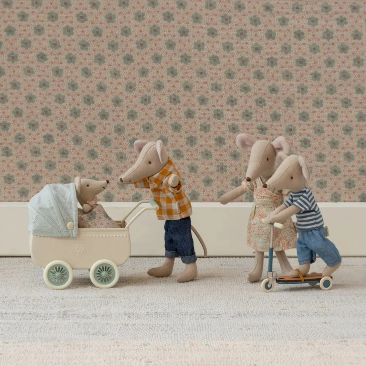 Maileg Pram with Baby Mouse (Mint)